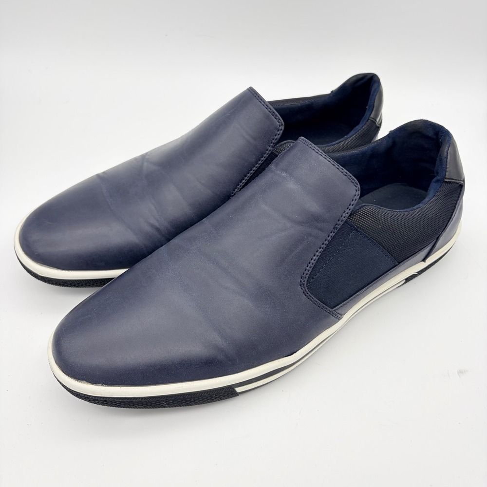 Zanzara Mens 10 Navy‎ Blue Leather Slip On Sneakers Loafers Blokecore Minimalist